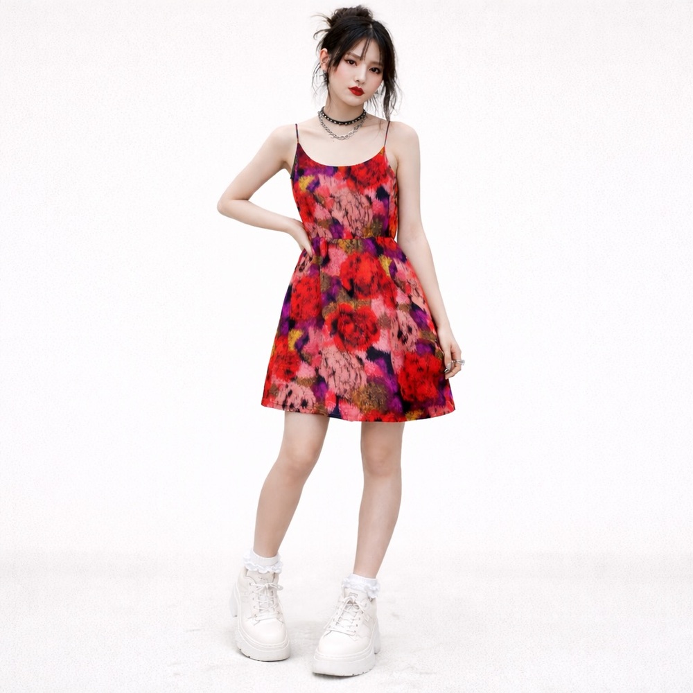 J Crew 100% Silk Slip Dress Abstract Red Pink Floral Y2K Retro Indie Romantic